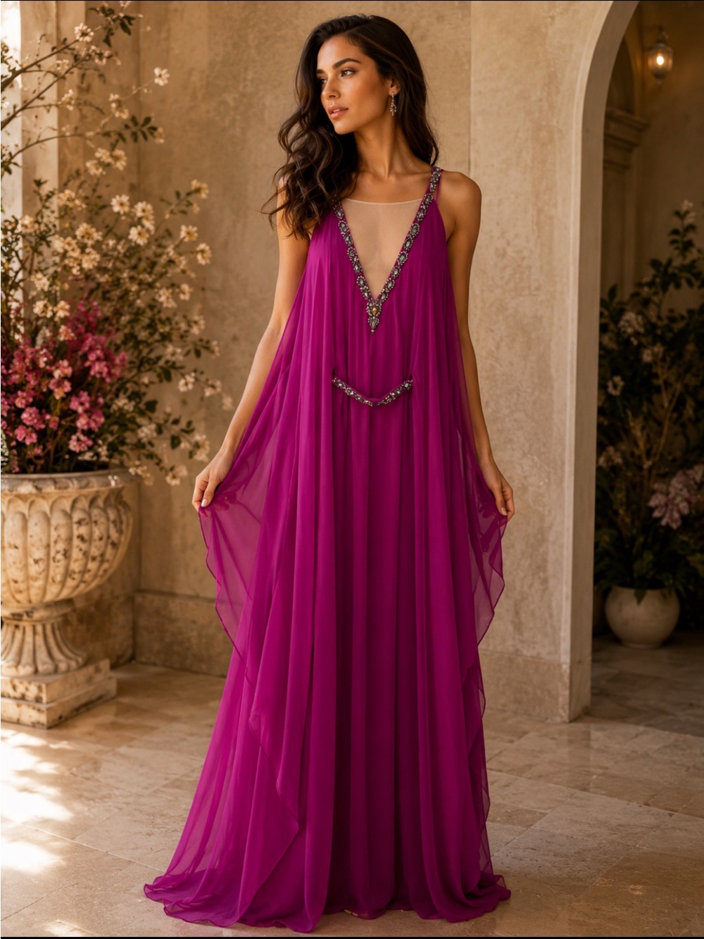 Theia Fuchsia Beaded V-Neck Maxi Gown